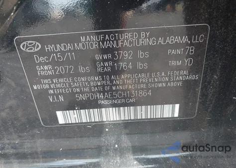 2012 Hyundai Elantra Gls z USA, uszkodzony, nr VIN 5NPDH4AE5CH131864